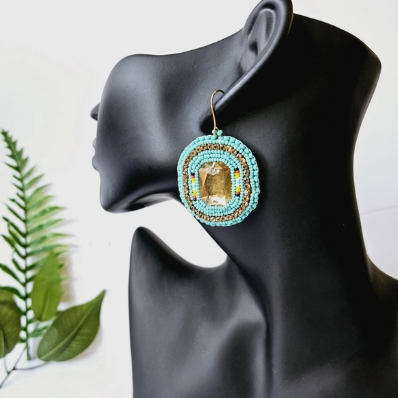 2/$27 | Turquoise Sparkle Shield Beaded Indigenous Hoop Earrings | Handmade - Picture 4 of 6